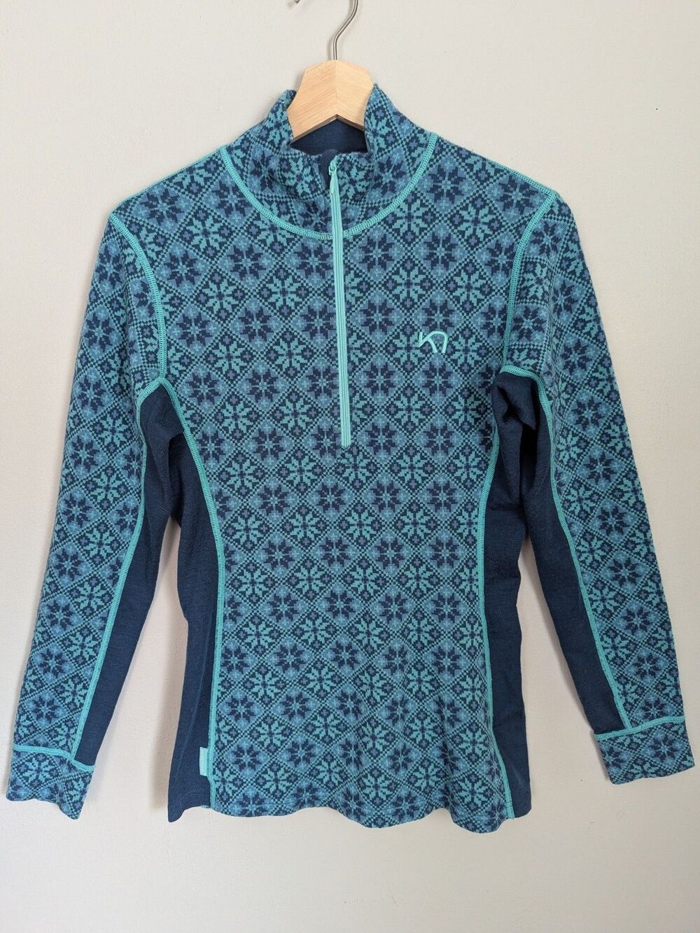 Kari Traa 100% Merino Wool Rose Half Zip Top Womens L Turquoise Blue Ski Layer